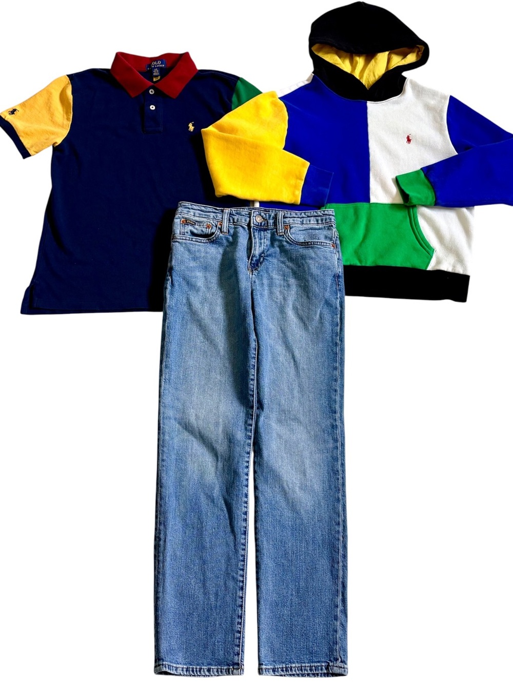 RALPH LAUREN BOYS SIZE 14/16 COLOR BLOCK HOODIE, POLO AND JEANS SET OUTFIT NEW!